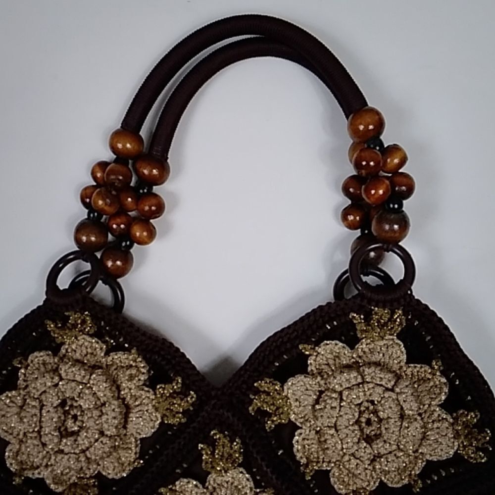 VTG, Crochet Style Retro Handmade Floral Handbag And Shoulder Bag Brown And Gold - Picture 11 of 14